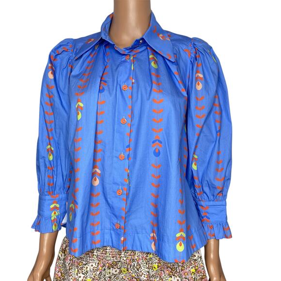 Karlie womens Floral Vine Poplin Button Up Top Blue Long Sleeve size S New - Picture 2 of 9